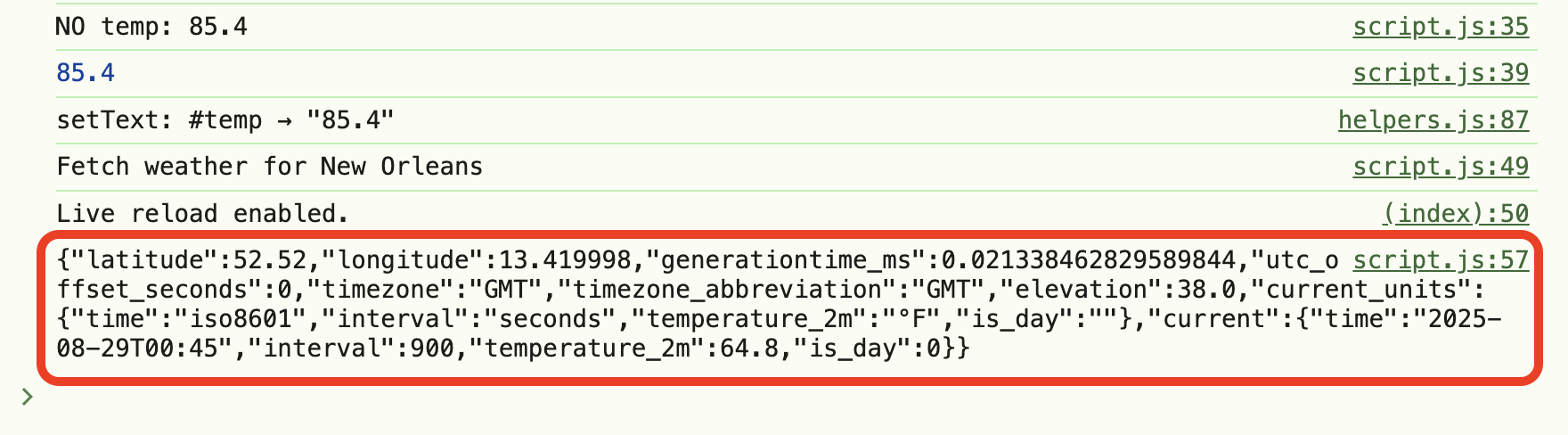 Console showing JSON weather data response