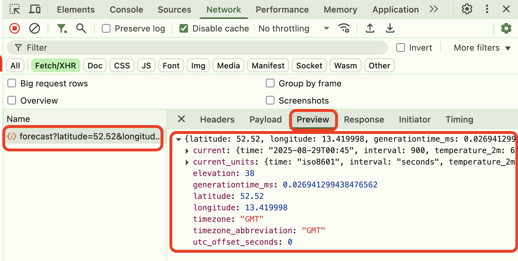 Network tab showing the API request