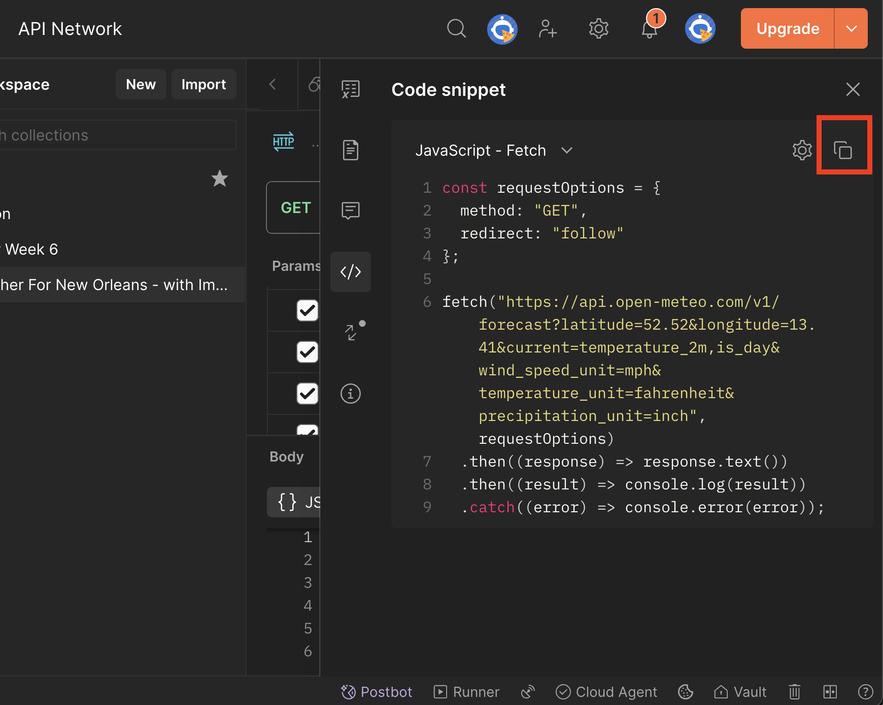 Postman Code tab showing JavaScript Fetch code
