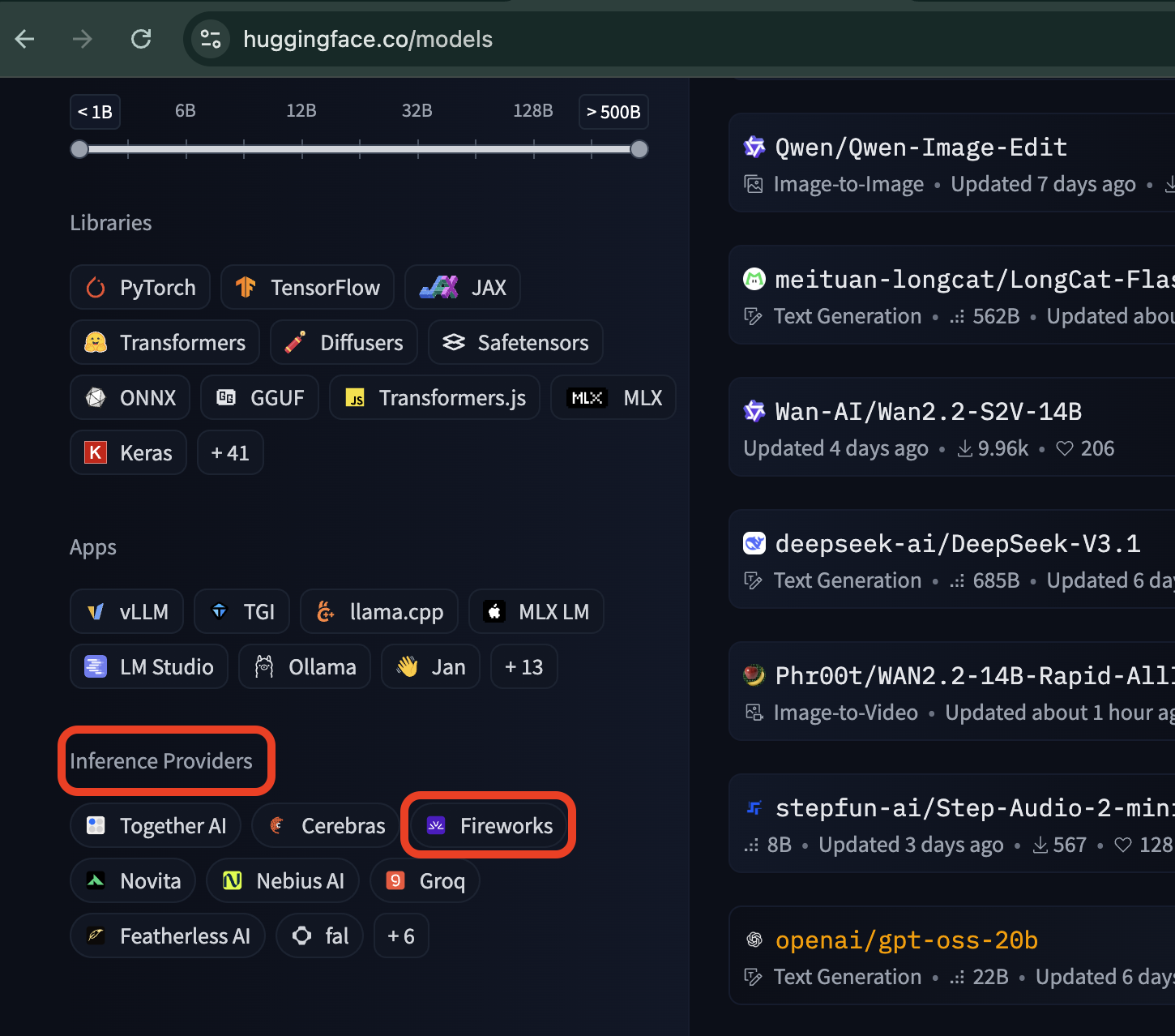 Filters Panel with Text Generation and Fireworks Selected