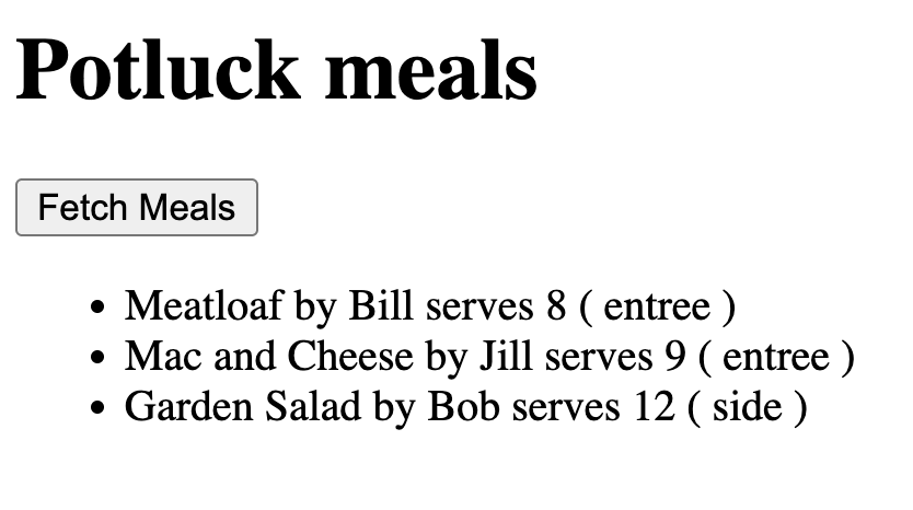 Meals displayed in app