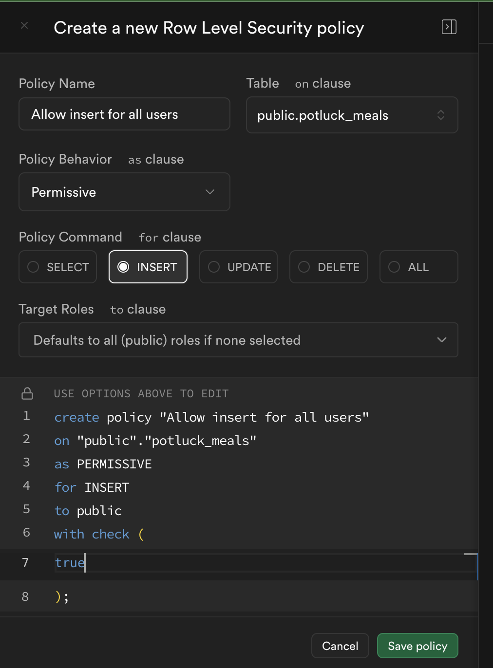 RLS Policy for inserts